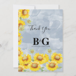 Dusty Blue Waterverf Sunflower Monogram Weddenscha Bedankkaart