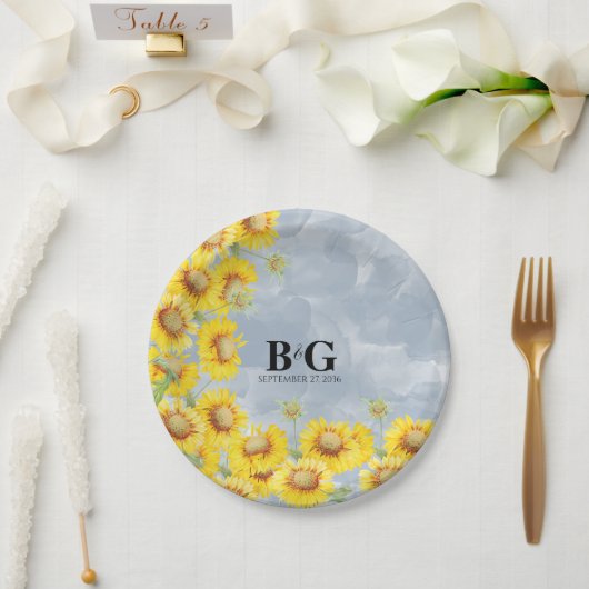 Dusty Blue Waterverf Sunflower Monogram Weddenscha Papieren Bordje (Huwelijk)