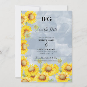 Dusty Blue Waterverf Sunflower Monogram Weddenscha Save The Date