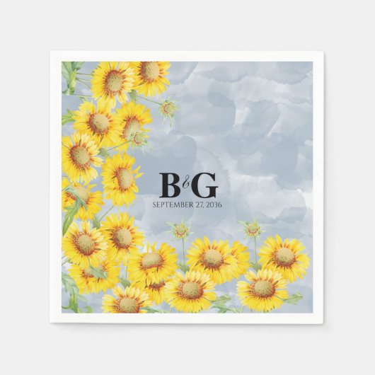 Dusty Blue Waterverf Sunflower Monogram Weddenscha Servet (Voorkant)