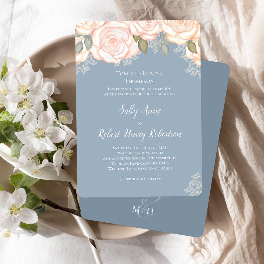 Dusty Blue Waterverf Wedding Floral Kaart