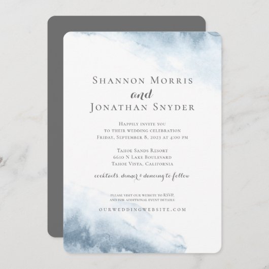 Dusty Blue Waterverf Wedding Invitations Kaart (Voorkant / Achterkant)