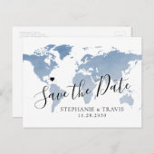 Dusty Blue Waterverf Wereldkaart Sla de datum op Aankondigingskaart (Voorkant / Achterkant)