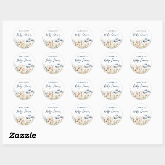 Dusty Blue Waterverf Wildflower Baby shower Ronde Sticker (Vel)