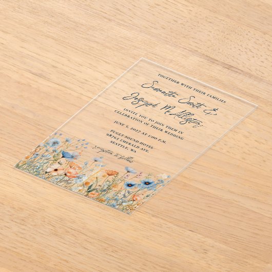 Dusty Blue Waterverf Wildflowers Wedding Acryl Uitnodigingen (Laagn)