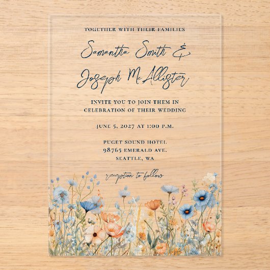 Dusty Blue Waterverf Wildflowers Wedding Acryl Uitnodigingen (Voorkant)