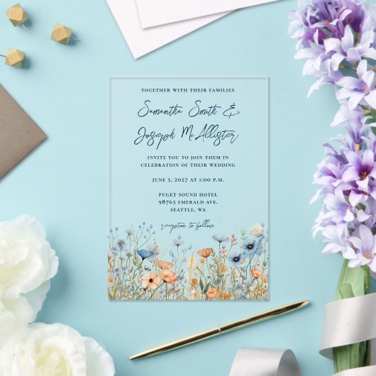Dusty Blue Waterverf Wildflowers Wedding Acryl Uitnodigingen (Insitu (Huwelijk))