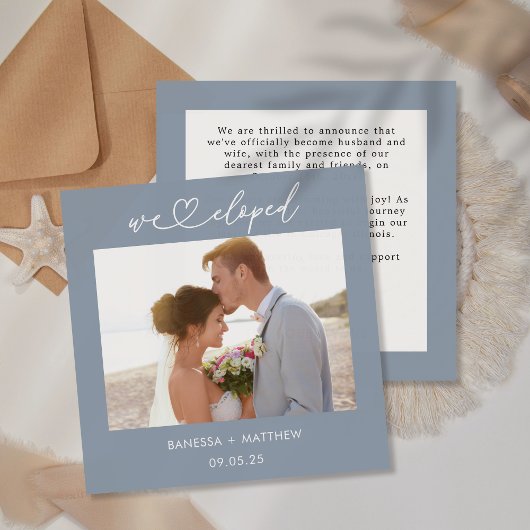 Dusty Blue We Eloped Foto Hart Script Bruiloft Aankondiging
