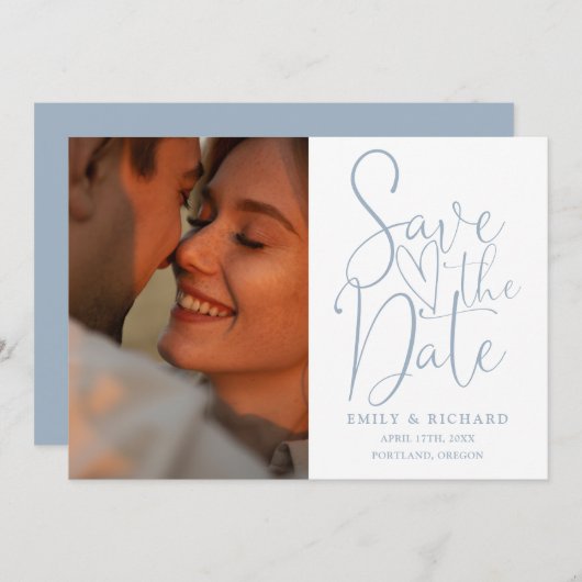 Dusty Blue Wedding 2 Foto Elegant Script Save The Date (Voorkant / Achterkant)