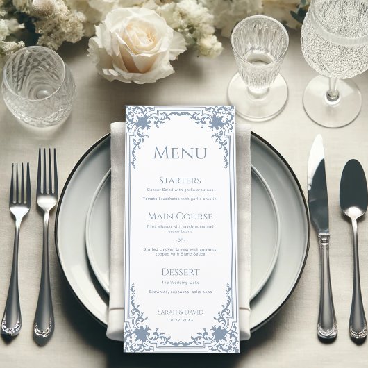  Dusty Blue Wedding Antiek Lijst Wit Menu