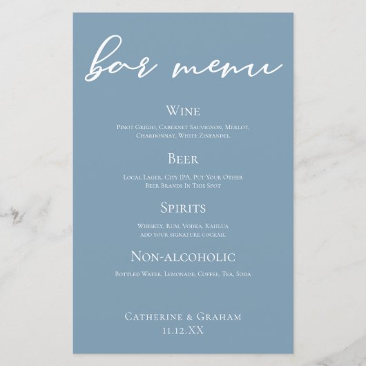 Dusty Blue Wedding Bar Menu w / White Typography (Voorkant)