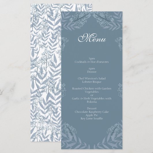 Dusty Blue Wedding Botanical Menu (Voorkant / Achterkant)