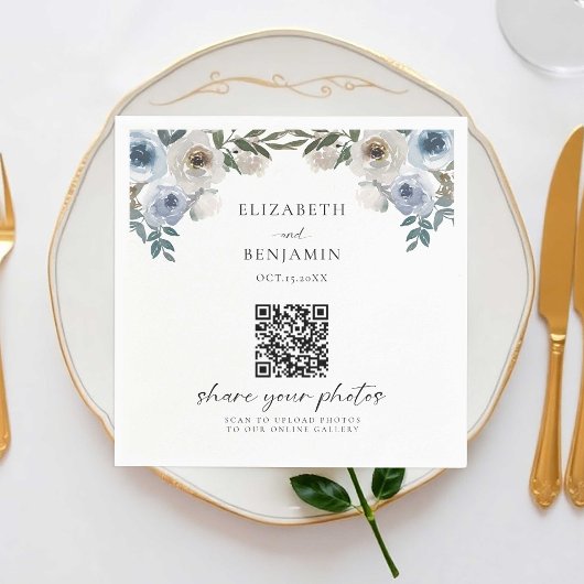 Dusty Blue Wedding Floral Share foto's QR-code Servet