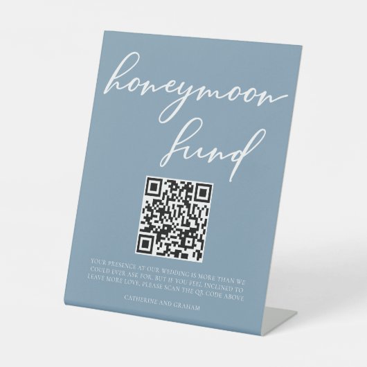 Dusty Blue Wedding Honeymoon Fund QR-code Reclamebord Met Voetstuk (Voorkant)