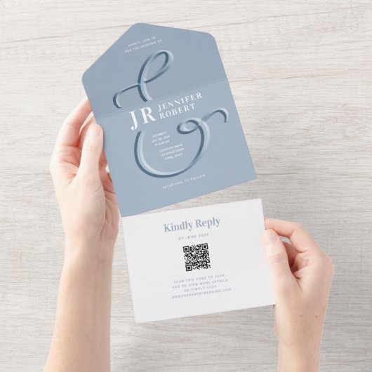 Dusty Blue Wedding Invitation met Monogram All In One Uitnodiging (Afscheurbaar)