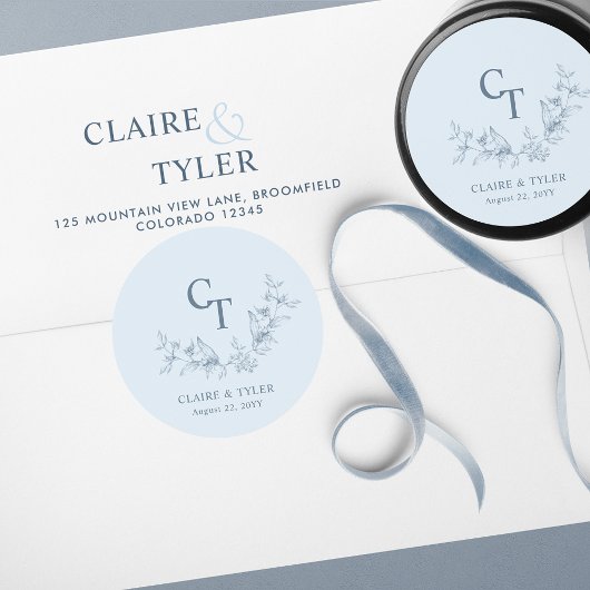 Dusty Blue Wedding Monogram Envelope Seal / Favor Ronde Sticker