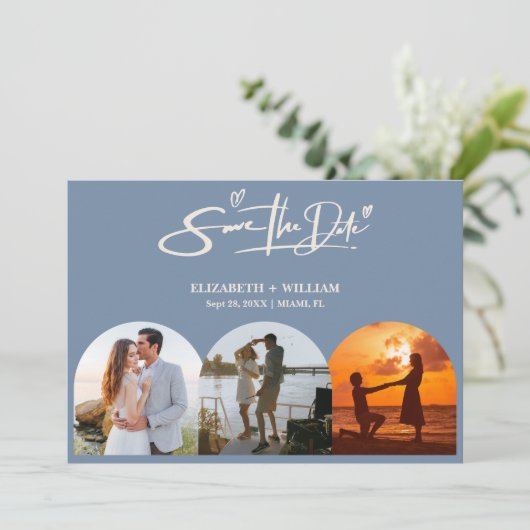 Dusty Blue Wedding Photo QR Code Elegant Save The Date (Staand voorkant)