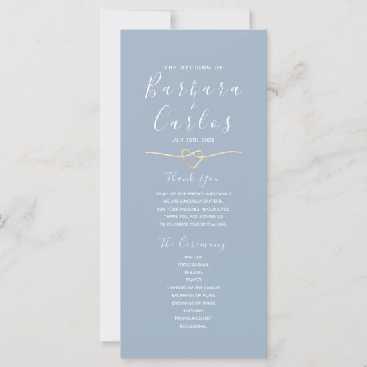 Dusty Blue Wedding Programme avec Corde Coeur (Devant)