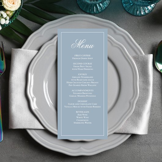Dusty Blue Wedding Script Dinner Menu