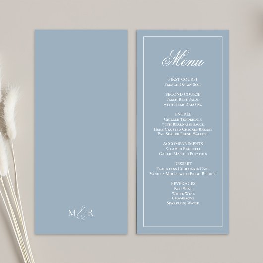 Dusty Blue Wedding Script Dinner Menu