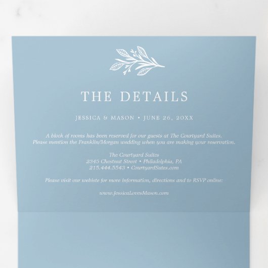 Dusty Blue Wedding Tri-Fold Invitations RSVP Drieluik Uitnodiging (Binnenzijde eerst)