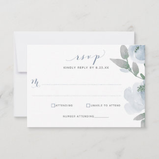 Dusty Blue Wedding Waterverf Soft Floral RSVP Kaartje