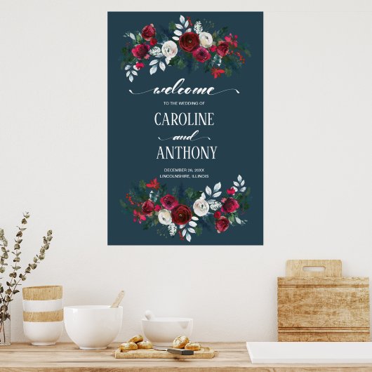 Dusty Blue | Welkomstbord van het Burgundy Bloom W Poster (Keuken)