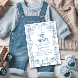 Dusty Blue Whimsical Floral Baby shower Kaart