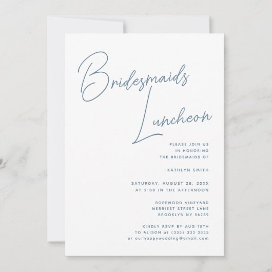 Dusty Blue Whimsical Script bruidsmeisjes Luncheon Kaart (Voorkant)
