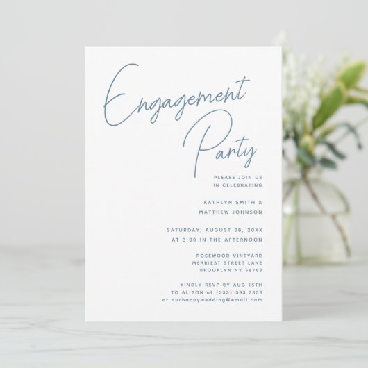 Dusty Blue Whimsical Script Chic Engagement Party Kaart (Staand voorkant)