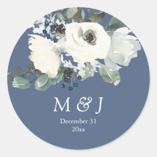 Dusty Blue & White Botanical Monogram - Dusty Blue Ronde Sticker