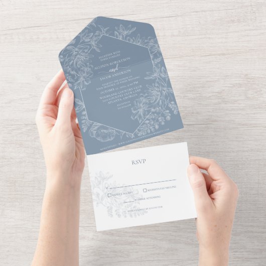 Dusty Blue White Botanical Wedding All In One Uitnodiging (Afscheurbaar)