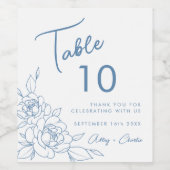 Dusty Blue & White Botanical Wedtable Number Wijn Etiket (Enkel label)