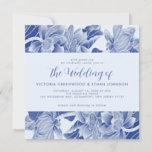 Dusty Blue White Chinoiserie Floral Square Wedding Kaart