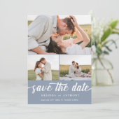 Dusty Blue White Elegant Bold Script Photo Collage Save The Date (Staand voorkant)