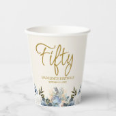 Dusty Blue White Floral 50e verjaardag naam Papieren Bekers (Voorkant)