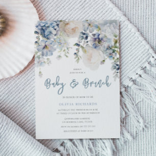 Dusty Blue & White Floral Baby shower Brunch Kaart