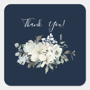Dusty Blue & White Floral Dank u- Navy Vierkante Sticker