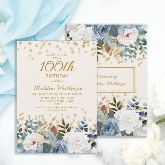 Dusty Blue White Floral Gold 100th Birthday Kaart