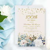 Dusty Blue White Floral Gold 100th Birthday Kaart