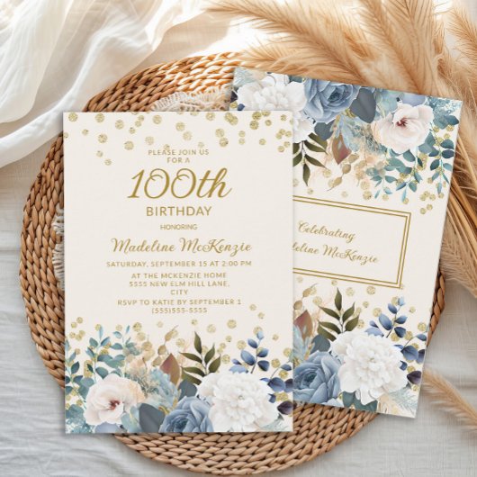 Dusty Blue White Floral Gold 100th Birthday Kaart