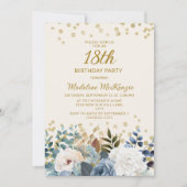 Dusty Blue White Floral Gold 18th Birthday Kaart (Voorkant)