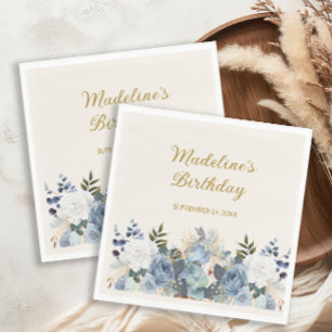 Dusty Blue White Floral Gold Happy Birthday Name Servet