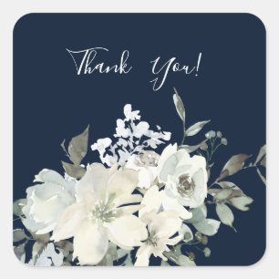 Dusty Blue & White Floral Hartelijk dank - Navy V2 Vierkante Sticker