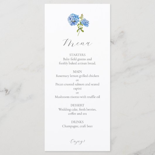 Dusty Blue & White Floral Hydrangea Menu Mariage (Devant)