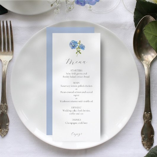 Dusty Blue & White Floral Hydrangea Menu Mariage