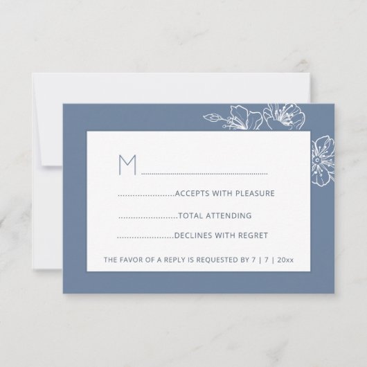 Dusty Blue White Floral Line Art RSVP (Voorkant)