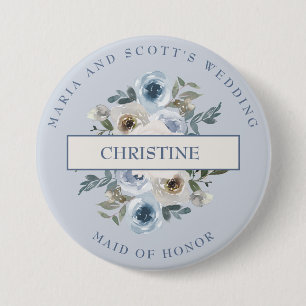 Dusty Blue White Floral Maid of Honor Ronde Button 7,6 Cm