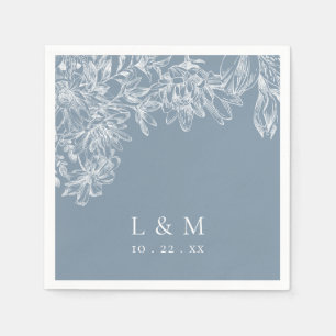 Dusty Blue White Floral Monogram Wedding Napkins Servet