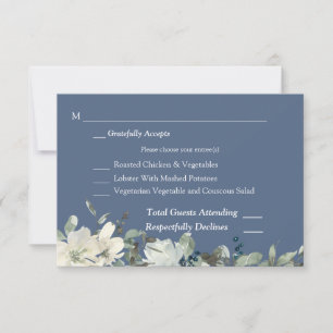 Dusty Blue & White Floral RSVP 3 Repas Carte - Ble